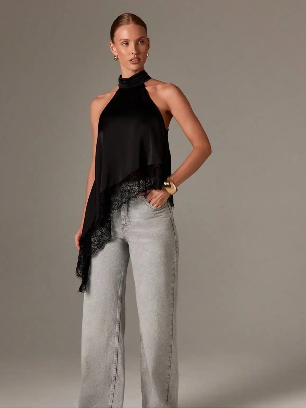 Black Halter Neck Lace-
Trim Top